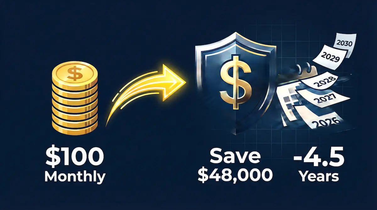 Visual comparison showing how an extra $100 monthly payment reduces total mortgage interest and shortens loan term by years